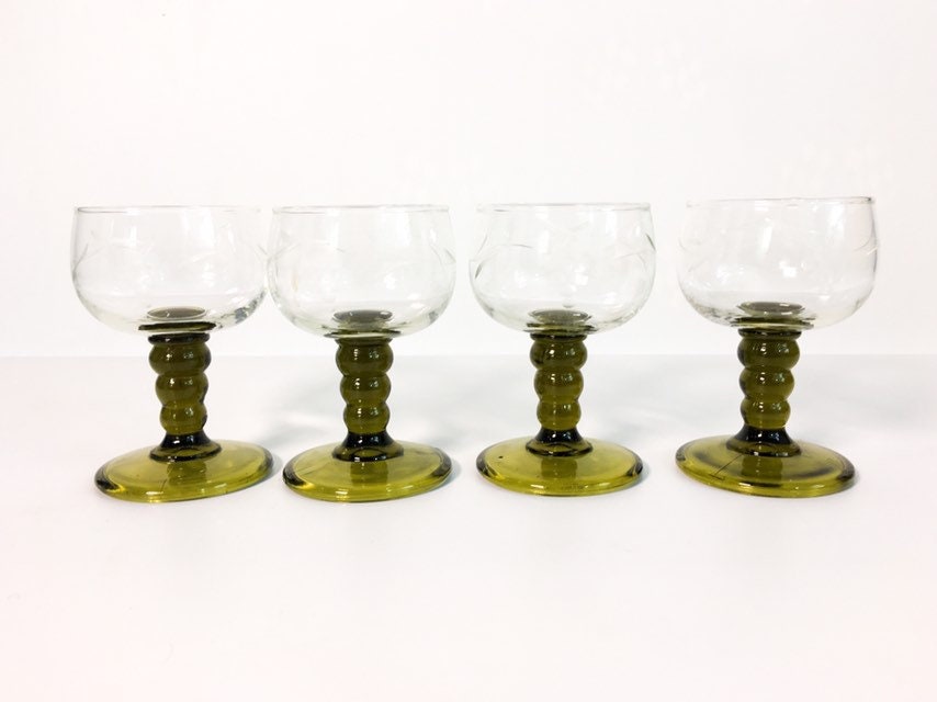 4 Vintage Roemer Austrian Wine Glasses Set of 4 Green Stem Clear Bowl