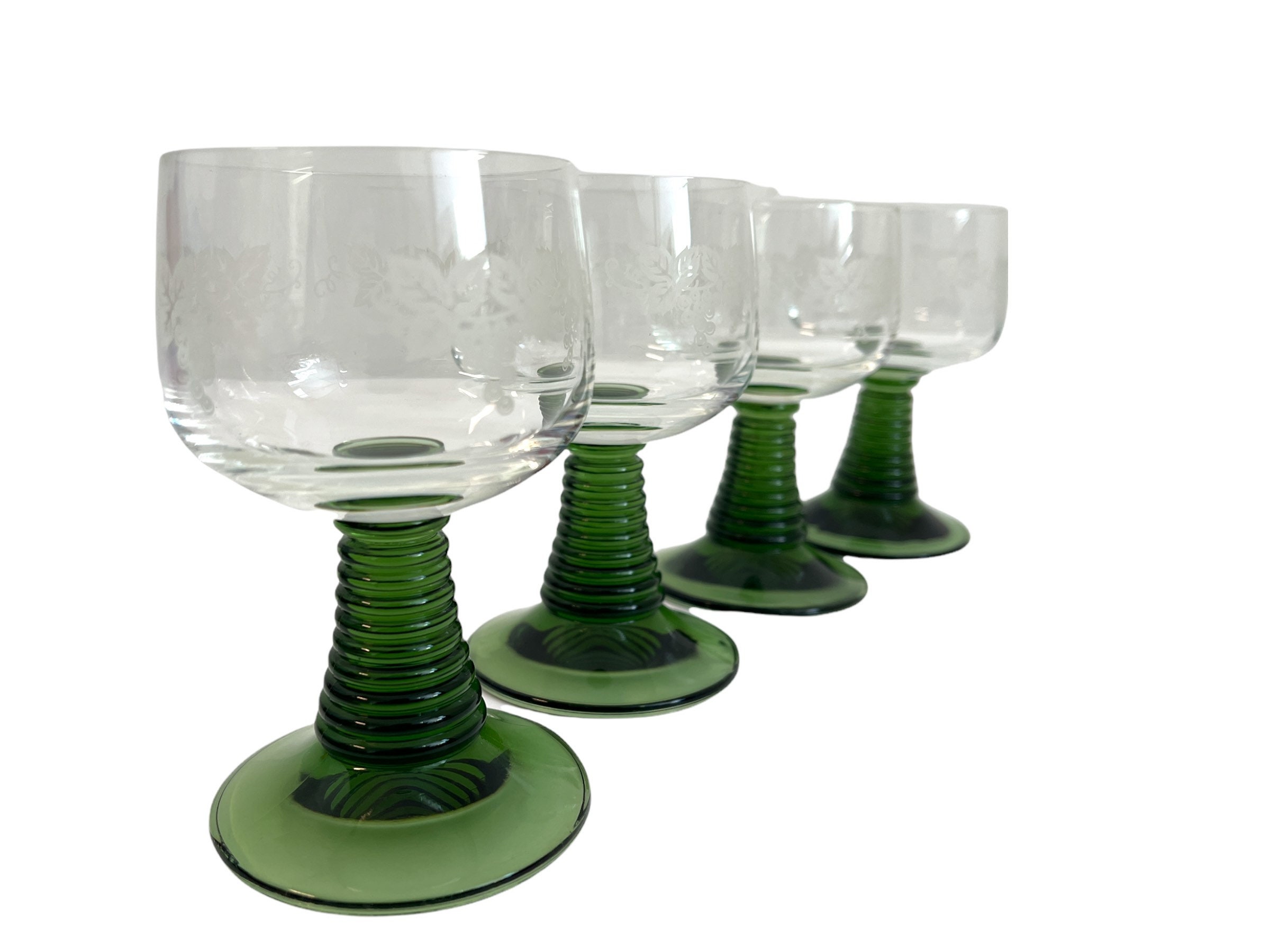 4 Vintage Schott Zweisel Wine Etched Glasses Four Green Beehive Stem