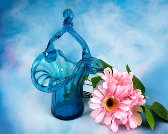 Vintage Blue Art Glass Basket w/ Twisted Handle & Rolled Edge - Mid century Era - Small Unique Vase - Retro Display Piece - Home Decor