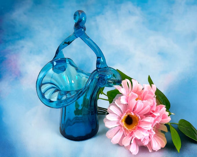 Vintage Blue Art Glass Basket w/ Twisted Handle & Rolled Edge - Mid century Era - Small Unique Vase - Retro Display Piece - Home Decor