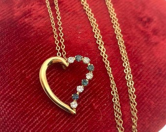 Vintage Krementz Heart Necklace: Gold Filled, Blue & White Rhinestones