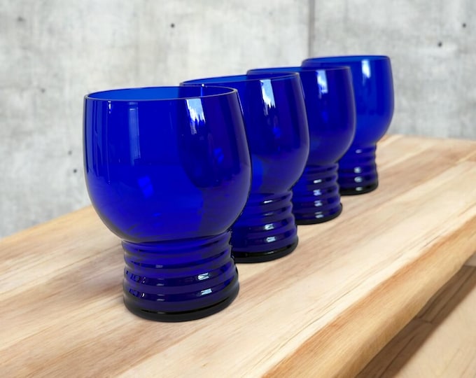 Vintage Set 4 Cobalt Blue Imperial Glass Co Ca 1930s Glasses - Ribbed / Banded Bases Depression Era - Four Schaeffer Pattern Small Tumblers