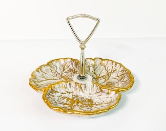Vintage Gold Tweed Haeger 22 K GOLD Tidbit Tray or Nut Dish - Three Section Dish - Mid century Retro Kitchen Serving w/ Atomic Shape Handle