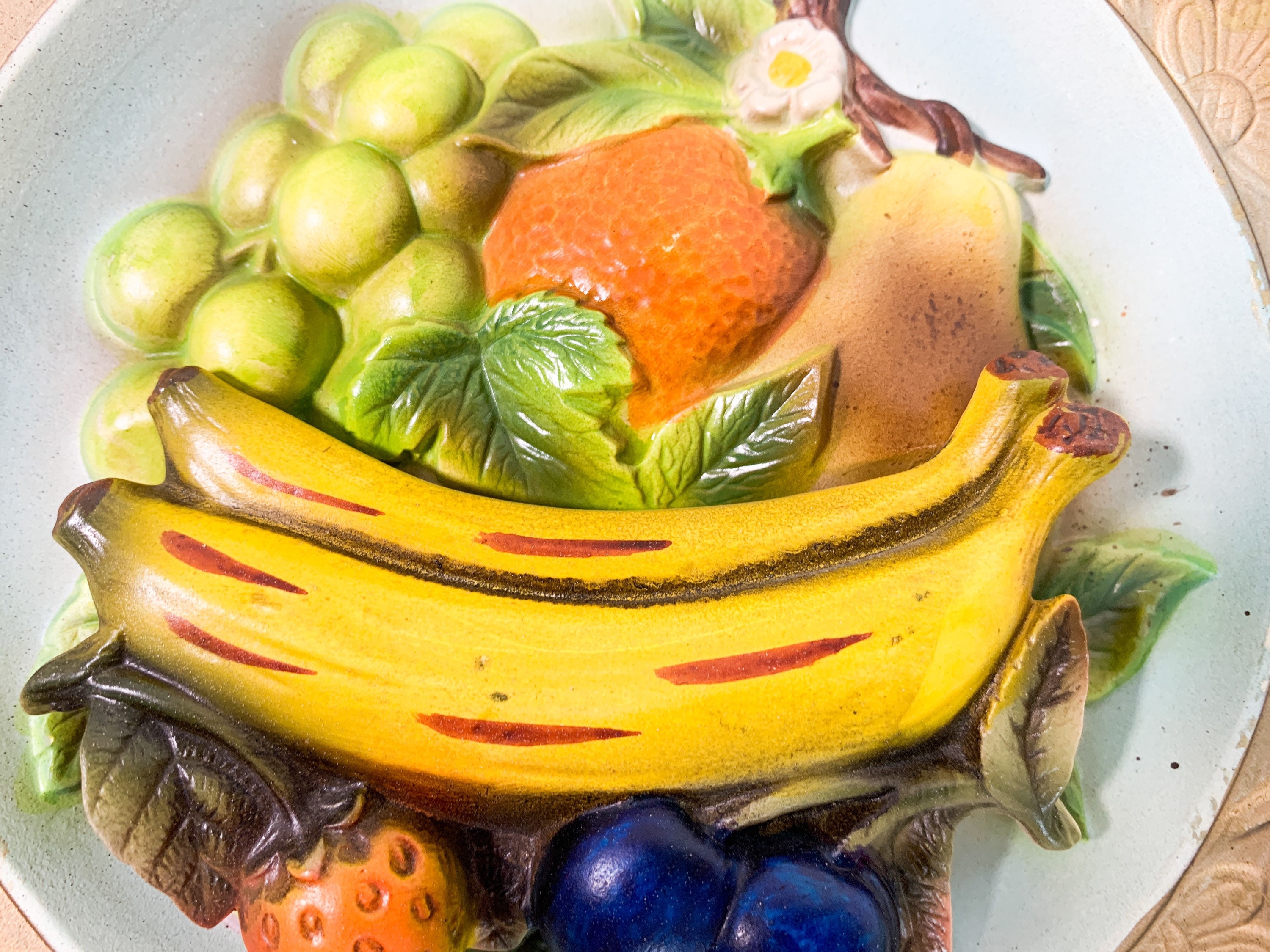 Vintage Pair CHALKWARE Plaques Fruit Kitsch Wall Plates 2 Shabby Chic