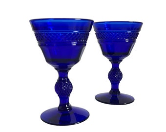 2 Vintage Mt Vernon Cobalt Blue by Viking Glass - Pair Small Wine / Liquor Cocktail Cordial Glasses  Unique Stem