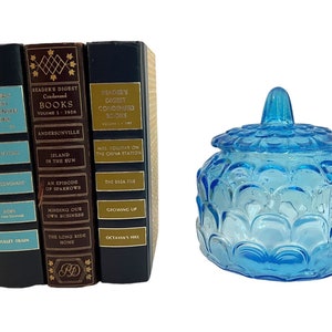 Vintage Aqua Blue Glass Candy Jar: Thumbprint Scalloped Lid, Retro Decor