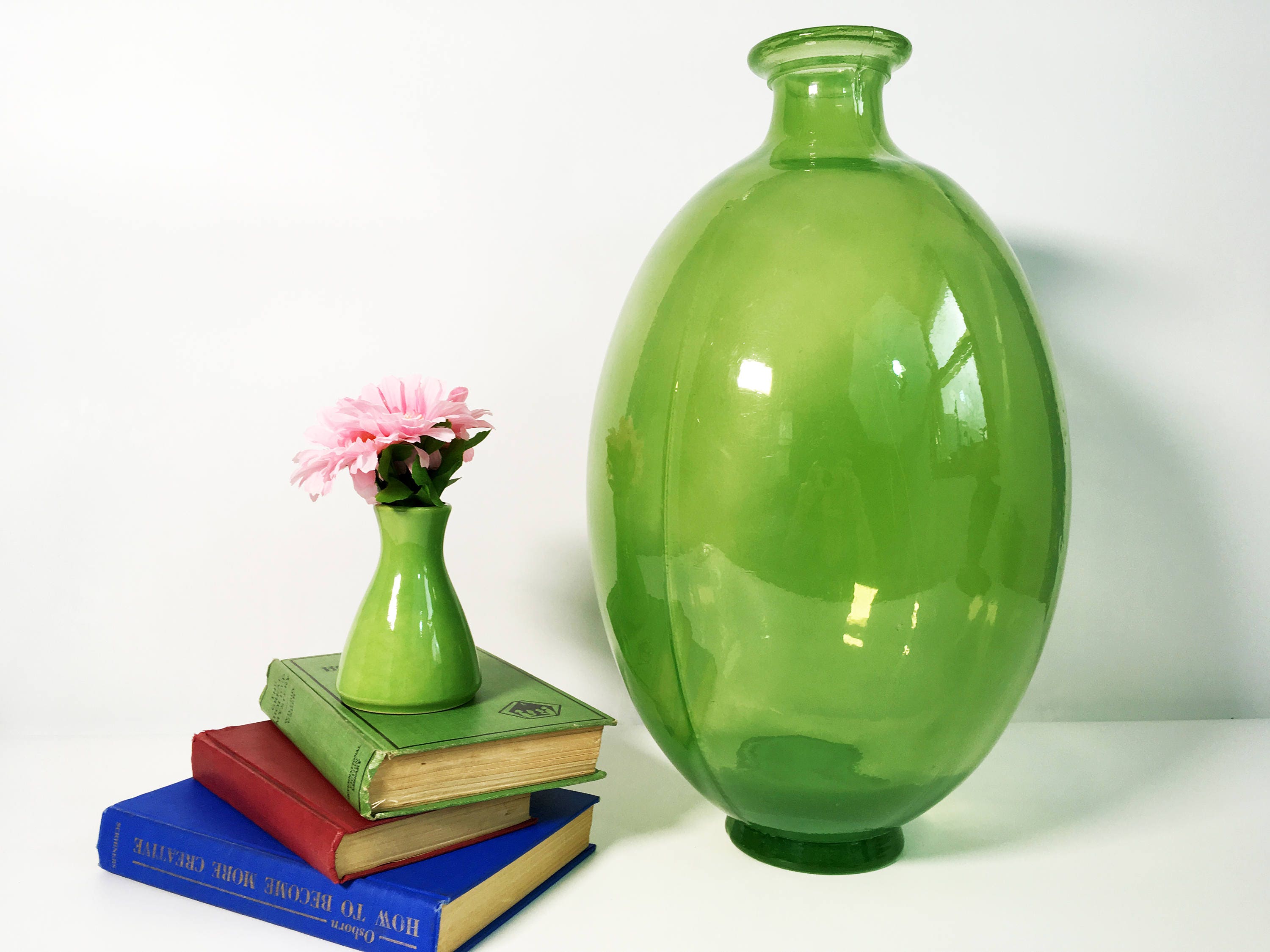 Vintage Art Glass Vase Green Large Bulbous Oval Floor Vase