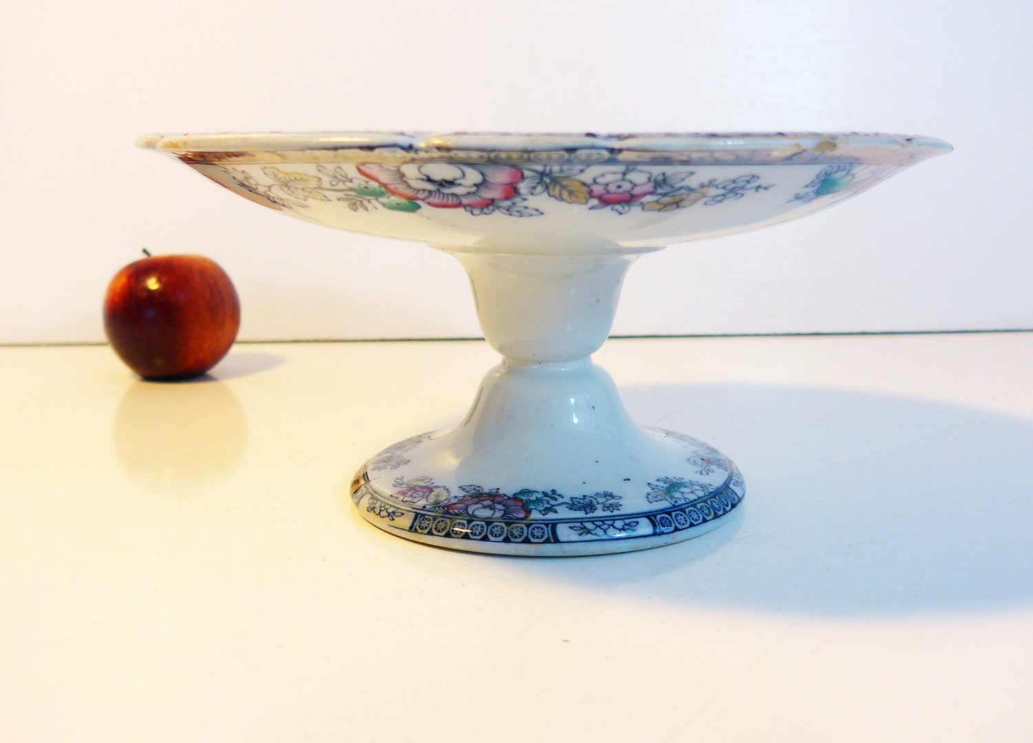 Antique Asian Whole Cheese Plate Cake Server Pottery Pedestal Stand