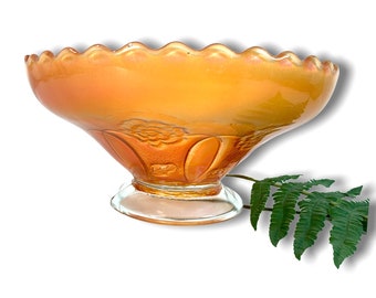 Vintage Carnival Glass Bowl - Retro Home Decor Depression Era Marigold w/ Clear Round Base & Scalloped Rim Flower and Leaf Design
