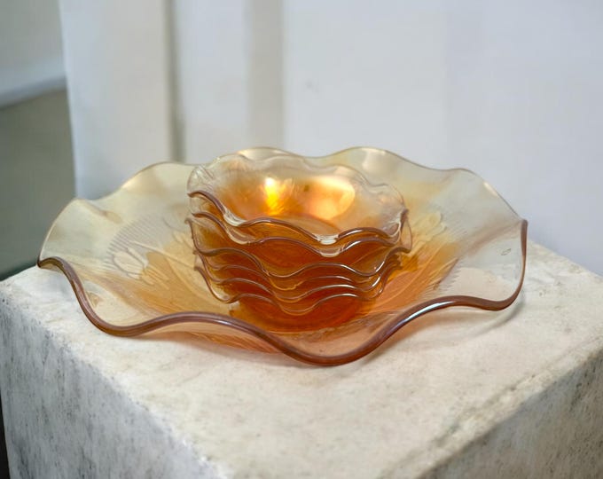 7 Pc Vintage Amber Salad Bowl & 6 Plates - Mismatched Glass Set - Iris and Marigold - Retro Serving Entertaining Display - Dinner Parties
