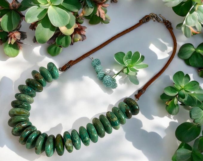 Retro Varasite Bead Necklace - 18” Vintage Round Disc Beads Leather Cord & Sterling Silver S Hook Closure - Retro Boho Mod - Estate Jewelry