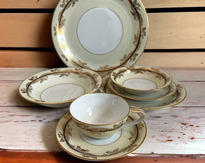 Vintage Japanese Noritake 7 Piece Table Setting ca 1930s - Coupe Pattern - Serving Dining Set w/ Black Band & Gold Flowers