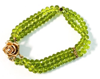 Vintage 14K Gold Fill & Faux Peridot Bracelet w/ Double Rows GF Rose Clasp w/ Diamond - Retro Faux Gemstone Jewelry