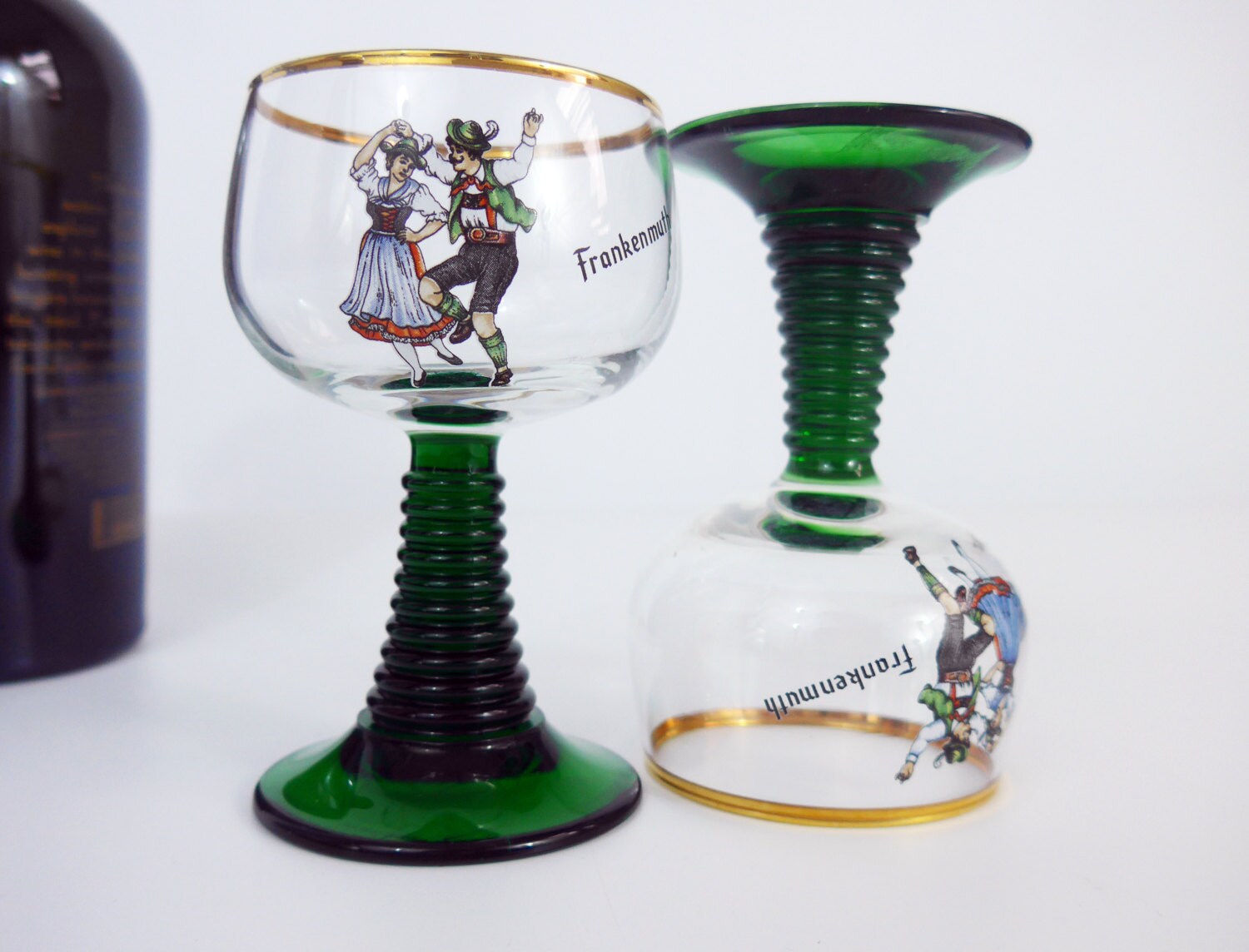 Pair Vintage Roemer Green Stem Wine Glasses 2 Green Stem Clear Bowl w