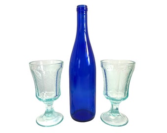 2 Recollection Blue by Indiana Glass Two Goblets w/ Etched Geometric & Garland - Large Depression Glasses w/ Raised Pattern - Retro Stemware