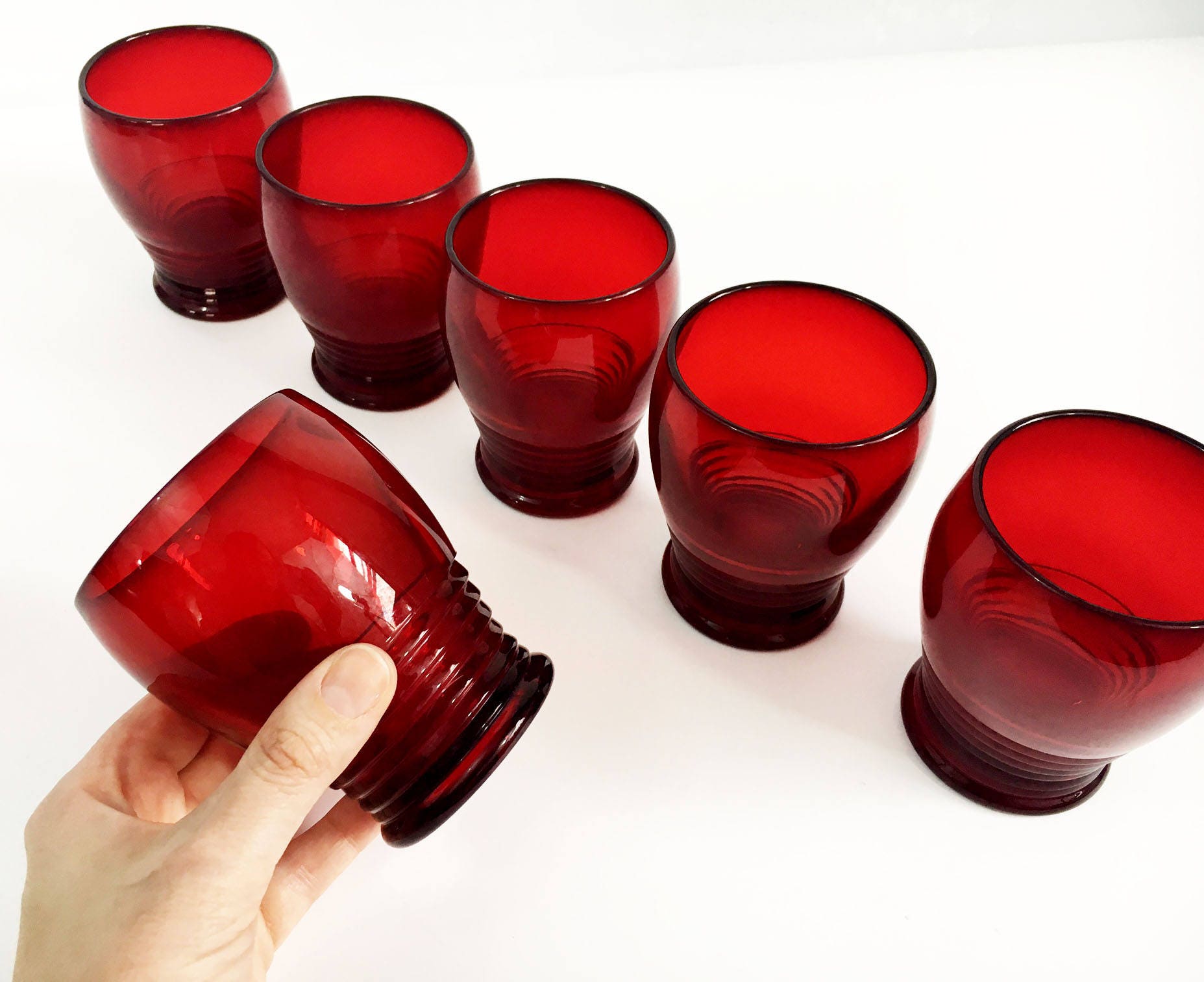 Vintage Set 6 Ruby Red Drinking Glasses Ribbed Glass