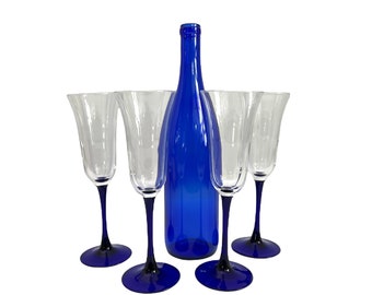 4 Vintage Americana Blue Stemmed Fluted Champagne Glasses w/ Wide Rim - Mid Century - Four Retro Champagne Glass - Tall Stemware