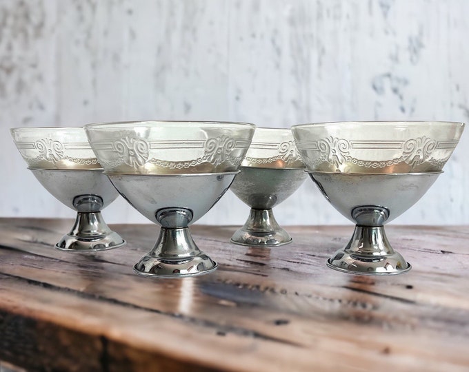 4 Vintage Champagne Coupes 2 Piece Glasses w/ Silver Colored Chrome Base & Embossed Garland on Clear Bowl Depression Glass