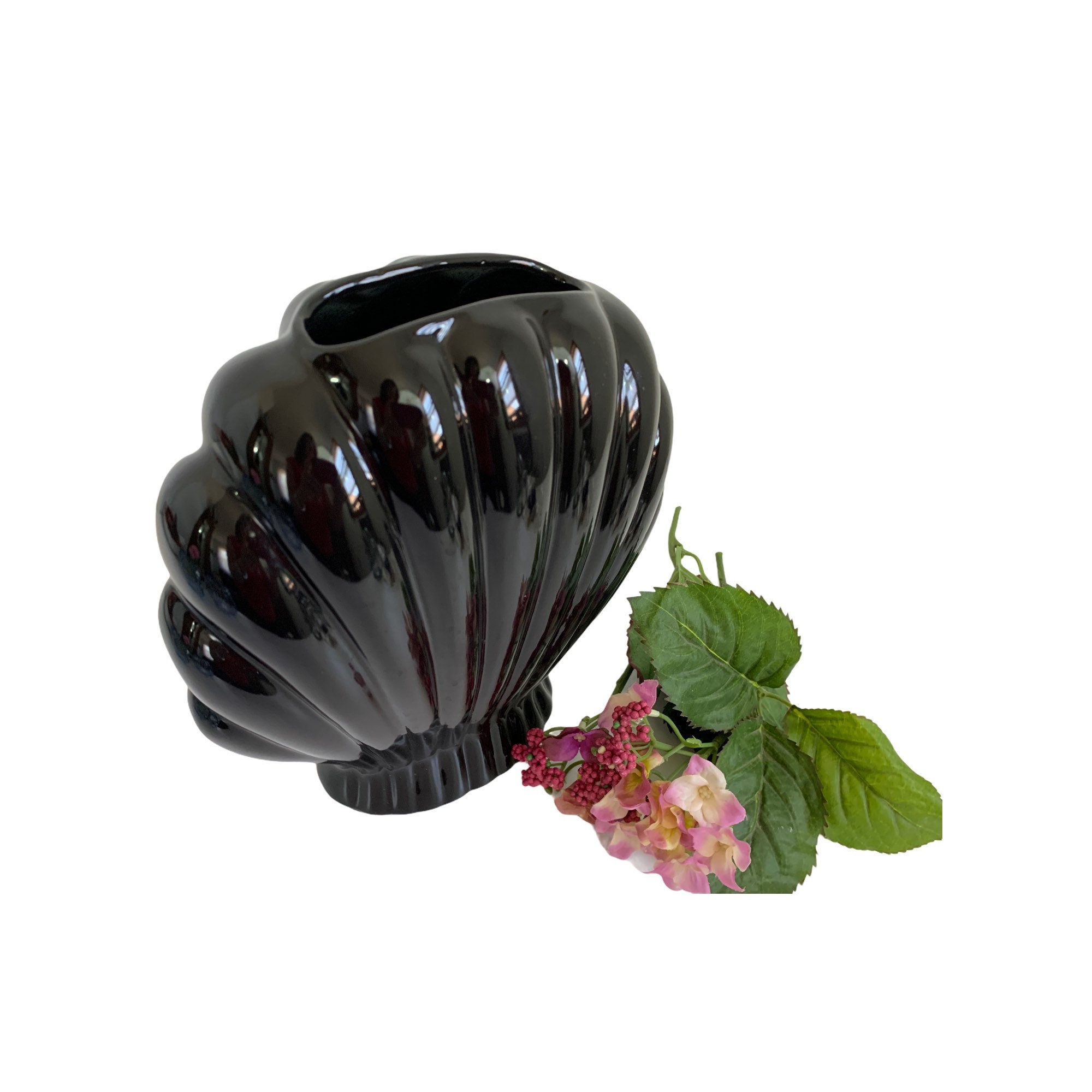 Vintage Black Ceramic Vase Mid century Retro Clam Shell Shape Pottery