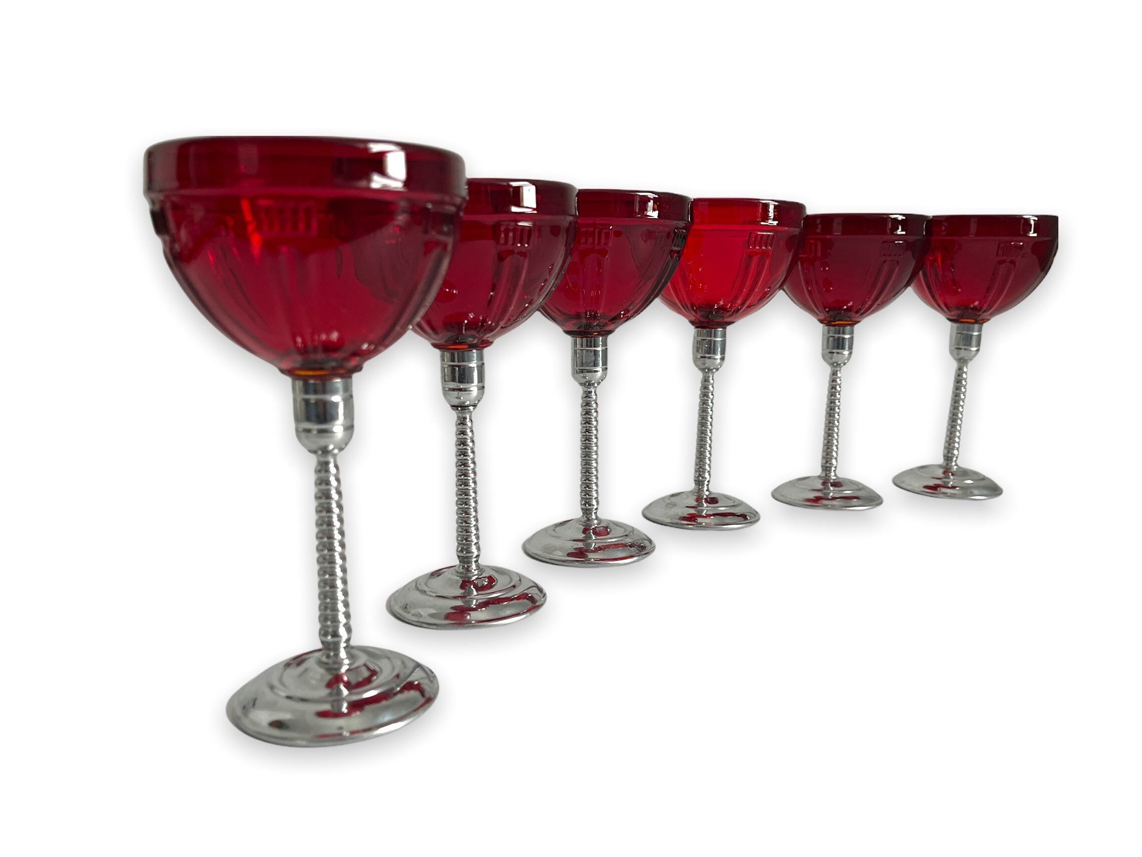 6 Vintage Ruby Red Glass & Metal Stem Glasses Cocktail Liquor