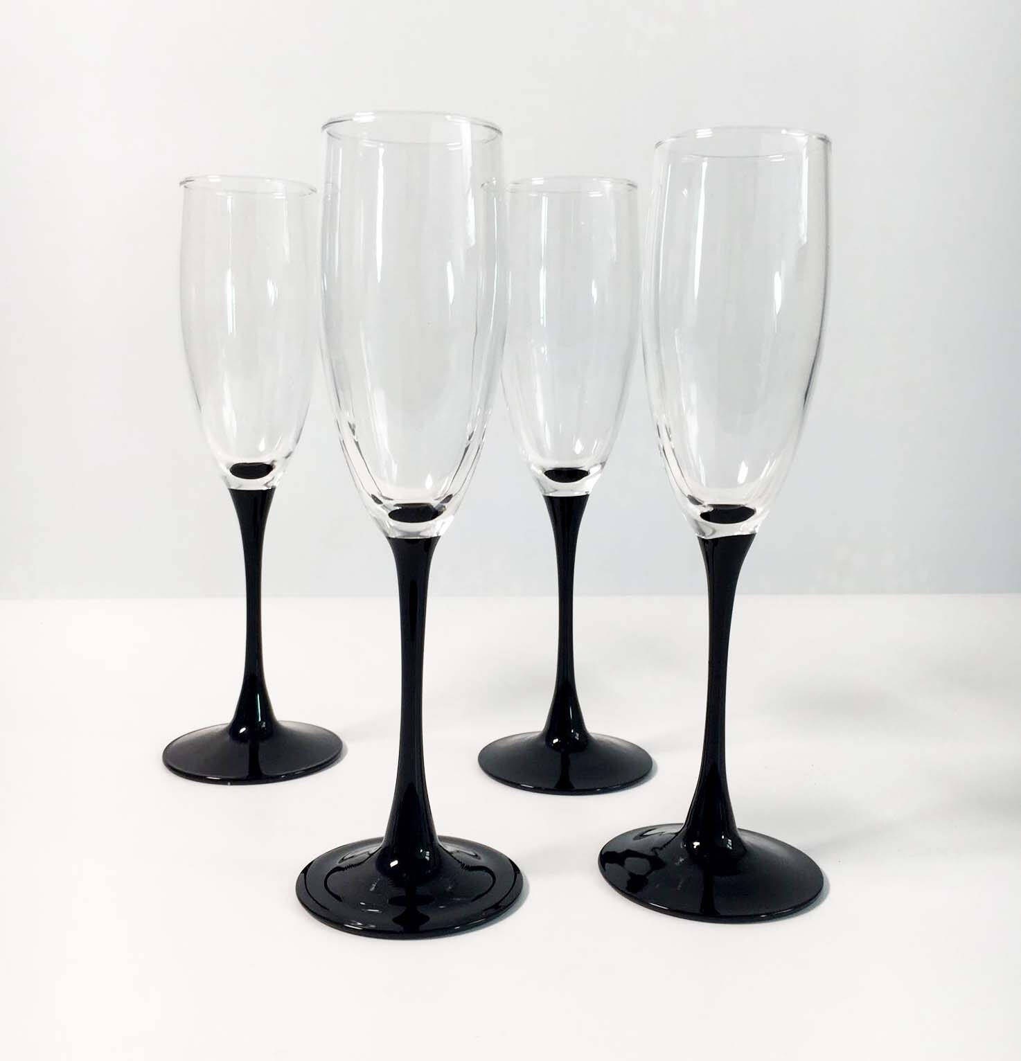 Vintage Set of 4 Luminarc France Black Stemmed Champagne Glasses or
