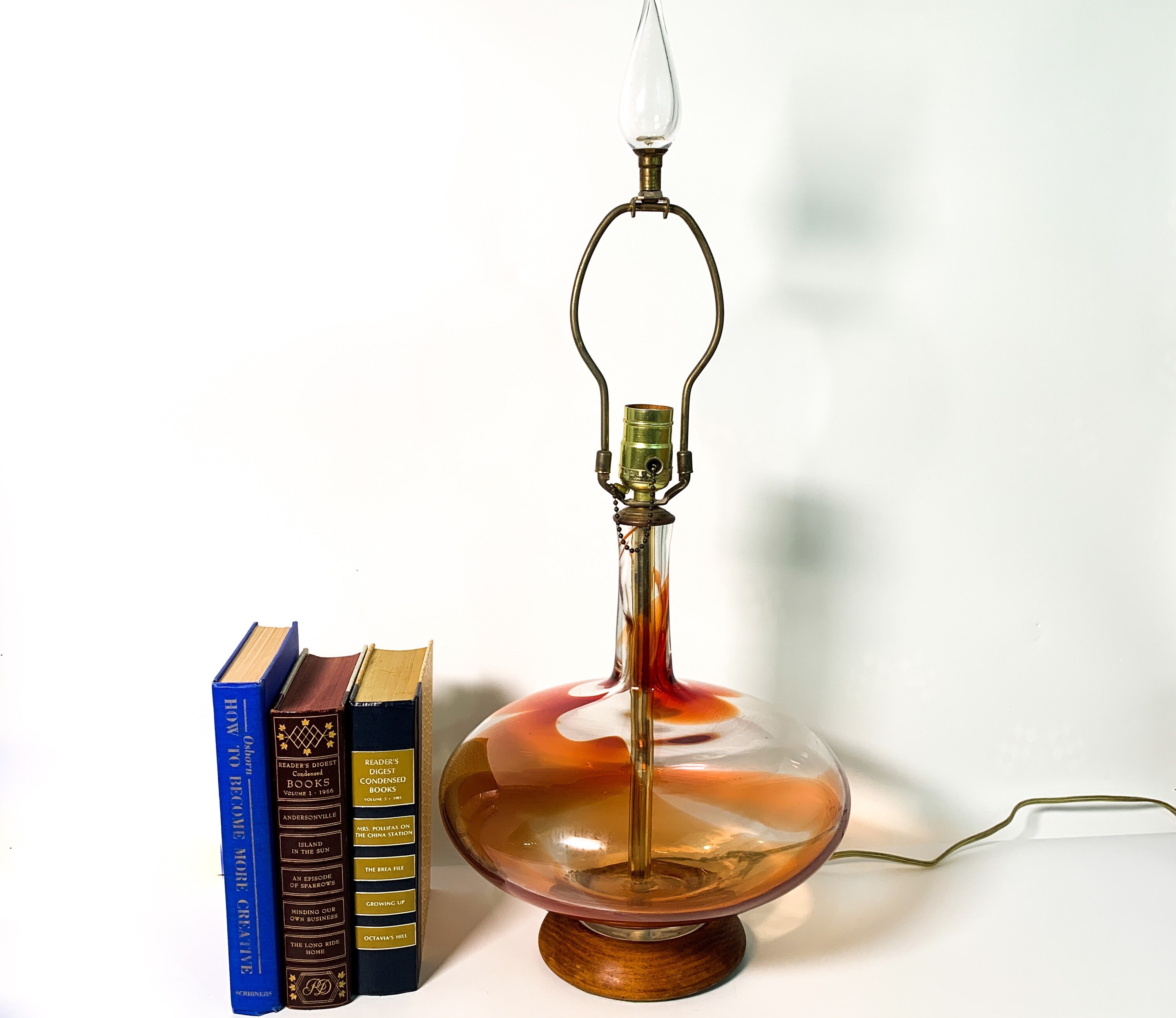 Mid Century Art Glass Table Lamp w/ Retro Glass Finial Amber & Clear