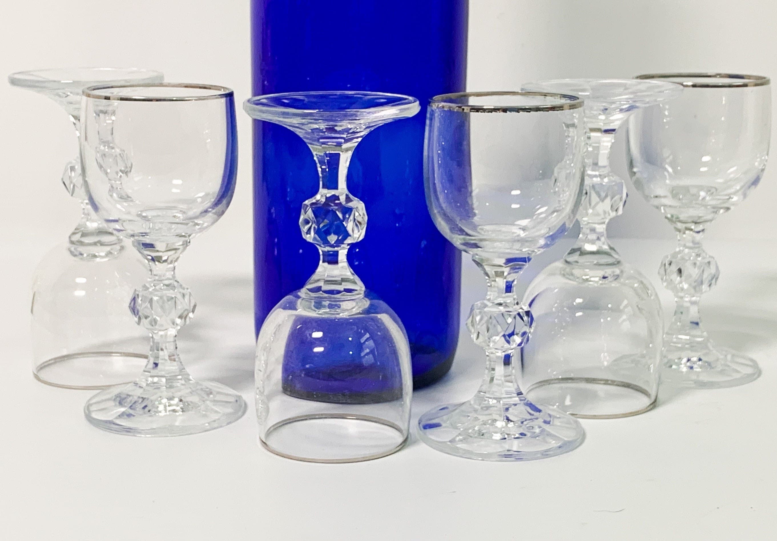 6 Vintage Silver Rim Cordial Cocktail Glasses w/ Faceted Wafer on Stem