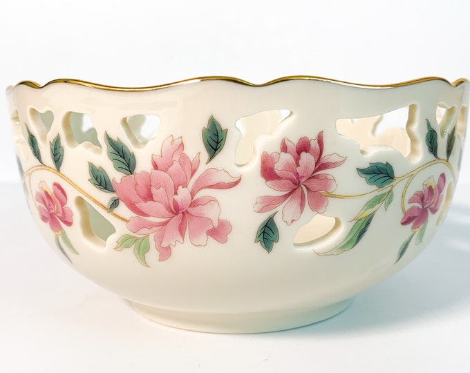 Vintage Lenox Barrington Bowl - Pierced Porcelain 6" Round Bowl All Purpose Bowl w/ Pink Flowers - Not Used - Made Ca 1990s Retro Home Decor