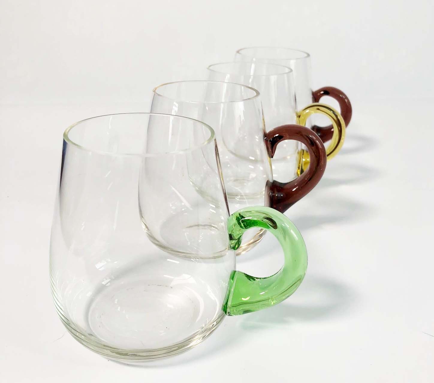 Vintage Hand Blown Glass Coffee or Beer Mugs Set of 4 Clear Handblown
