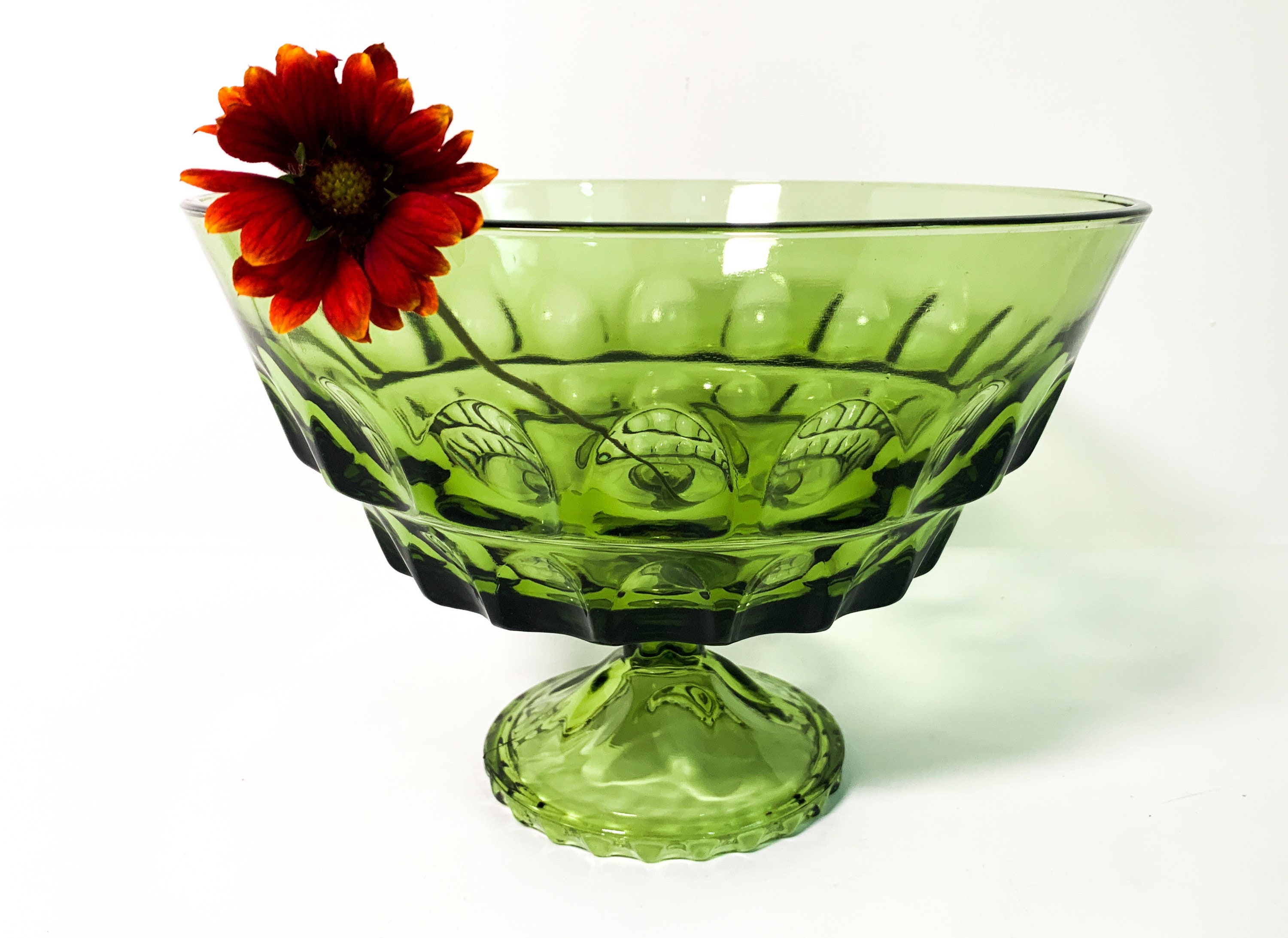 Vintage Green Pedestal Bowl w/ Thumbprint Impressions Retro Fruit