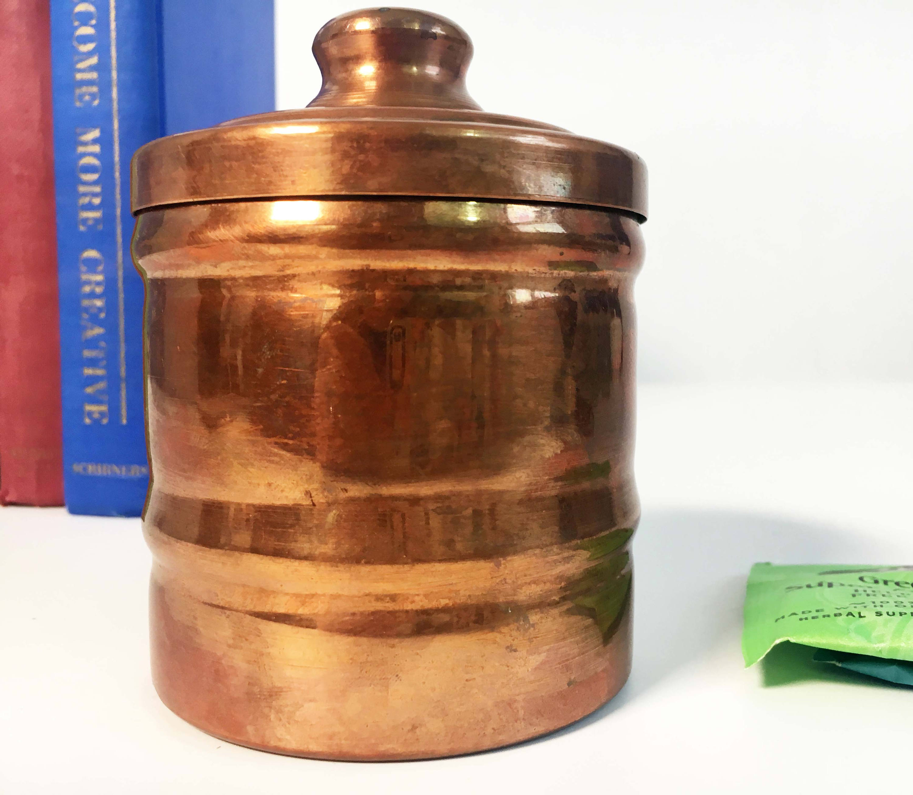 Vintage Copper and Brass Tea Canister Lettered Copper Container with