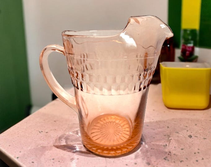 Vintage Roulette Pink Depression Glass Pitcher by Anchor Hocking - 65 Oz Heavy Tall Serving Display / Dining Kitchen Circa 1930 Drinkware