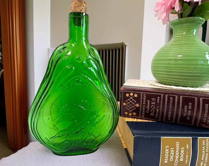 Vintage Clevinger Bros Reproduction Green Glass Arthur Singer Oriole Bottle - Reto Mid century Home Decor Small Blown Glass