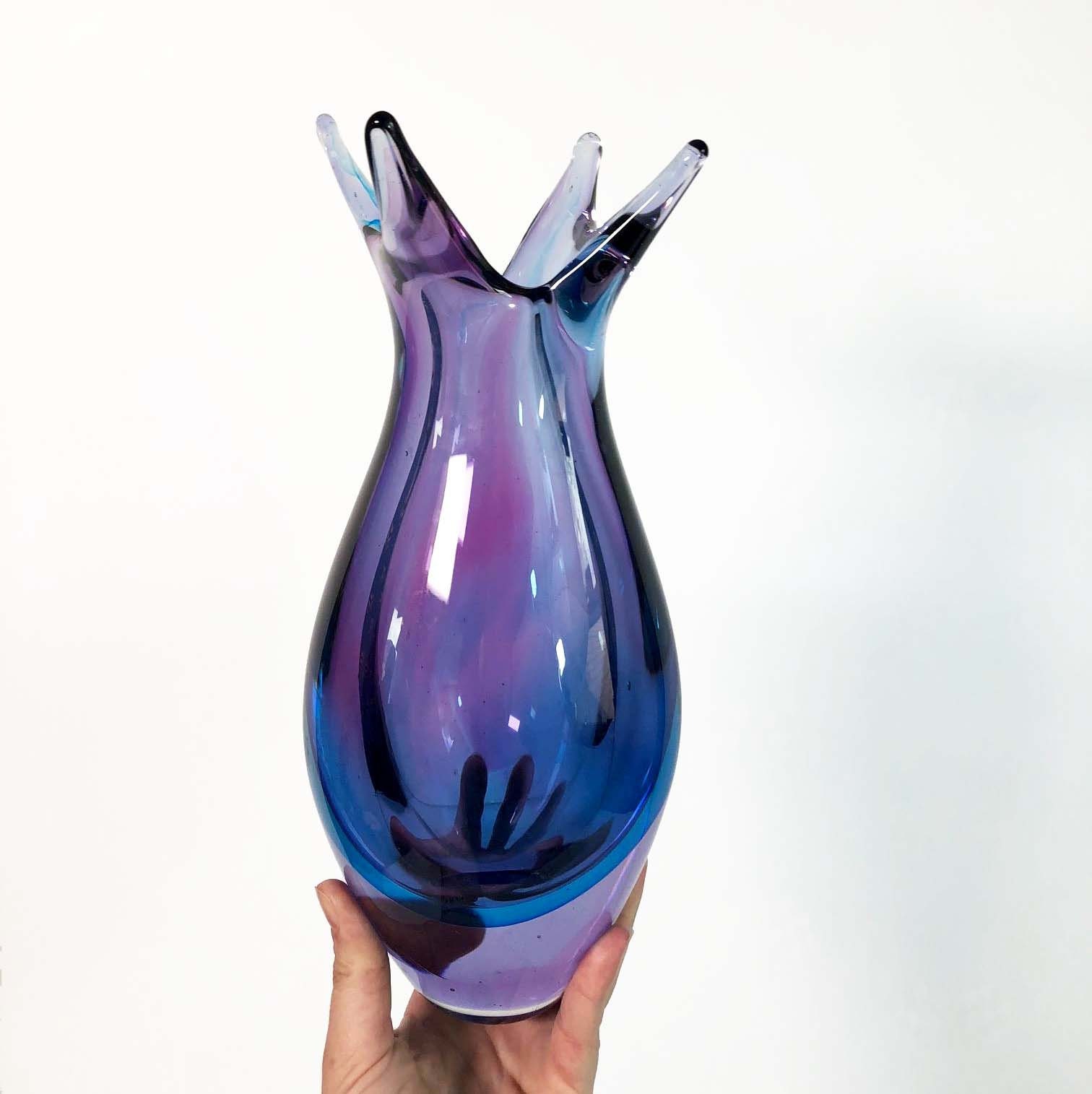 Vintage Art Glass Vase Iridescent Purple and Blue Cased Glass Vase