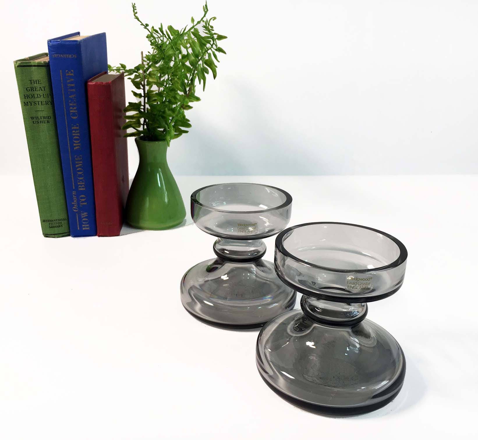 Vintage Pair of Wedgwood Glass Candleholders Midnight Grey Frank