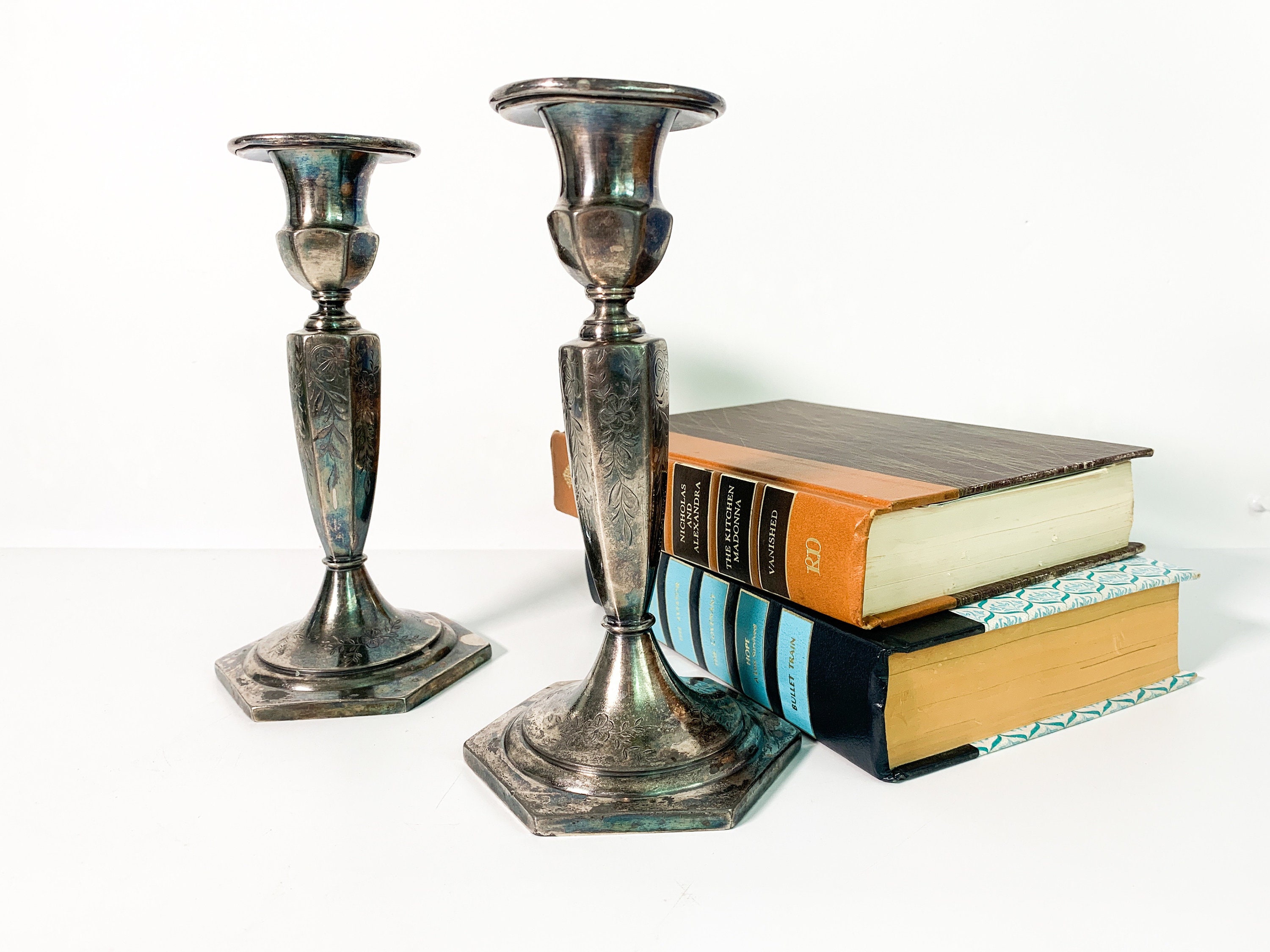 Pair Antique Etched Floral Candlestick Holders Ornate Flower Floral