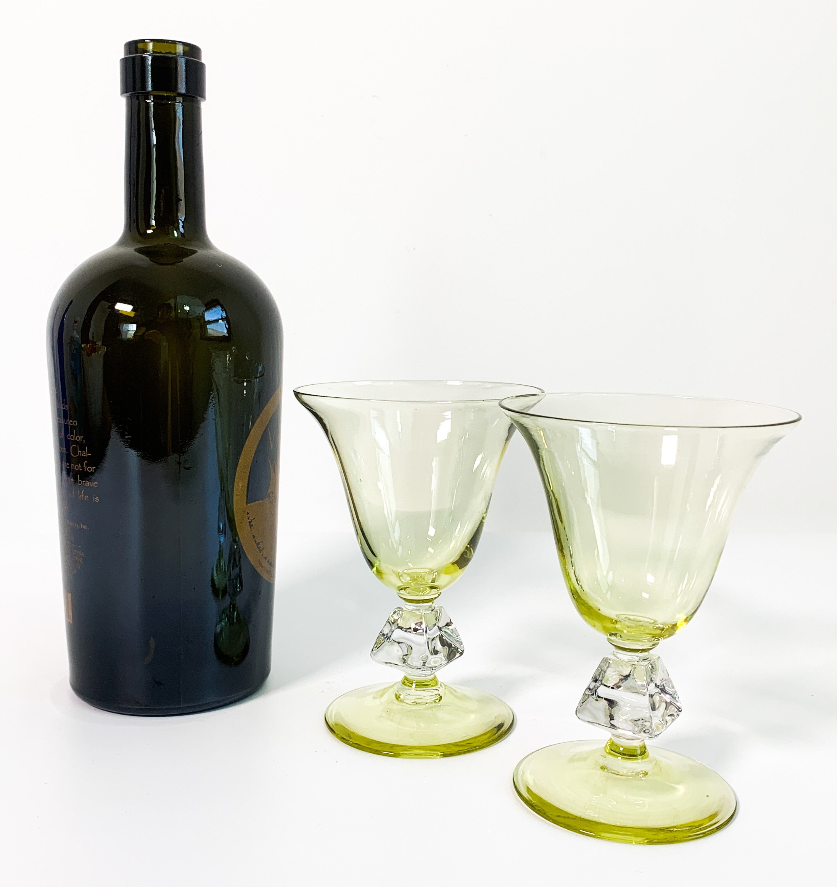 2 Vintage Green Cocktail Dessert Glasses Pair Two w/ Clear Faceted