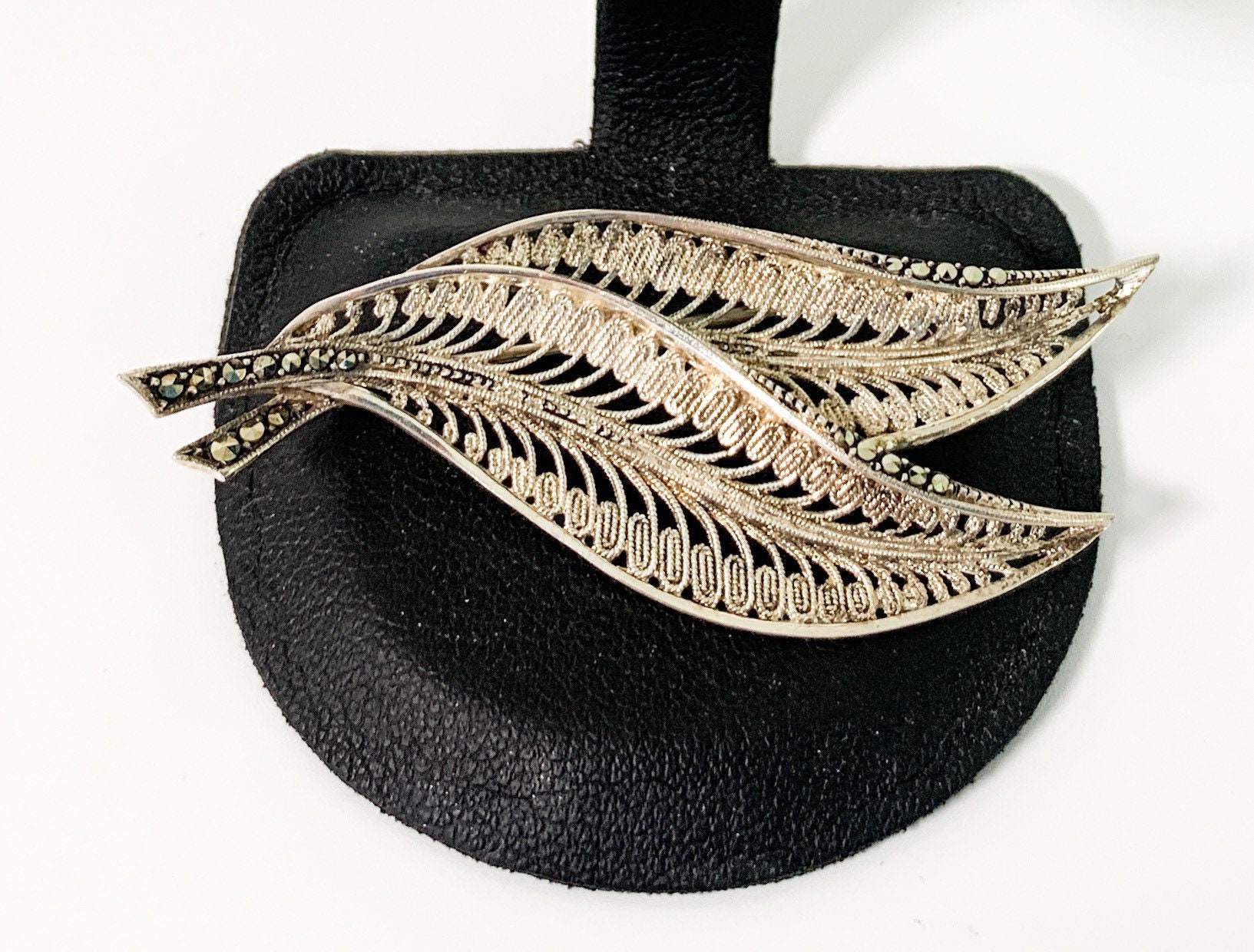 Vintage 925 Sterling Silver & Marcasite Brooch and Earrings Hallmarked Germany Fine Filigree