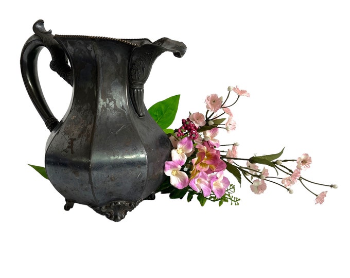 Antique Shabby Chic SilverPlate Pitcher E G Webster Star & Web Hallmark - Vintage Large Ornate Silver Plate Hime Decor