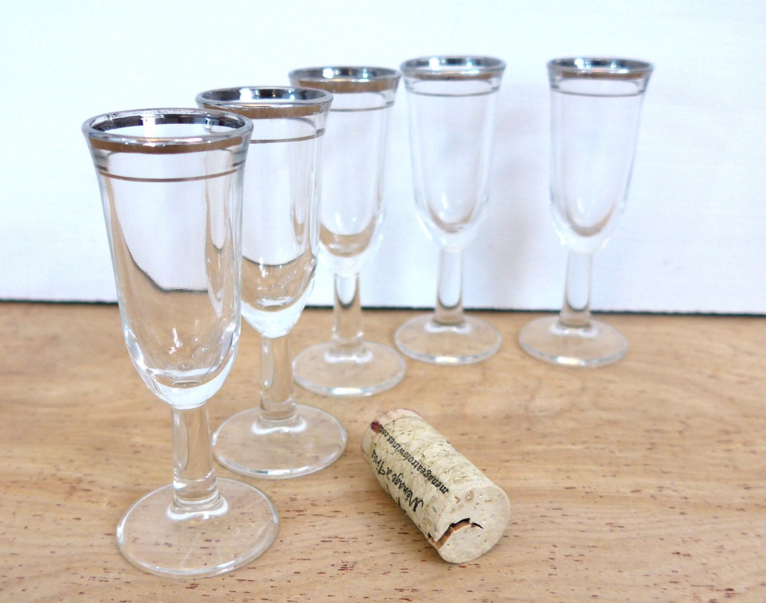 5 Vintage Silver Rim Cordials Mid century Glasses Set of Five Dainty