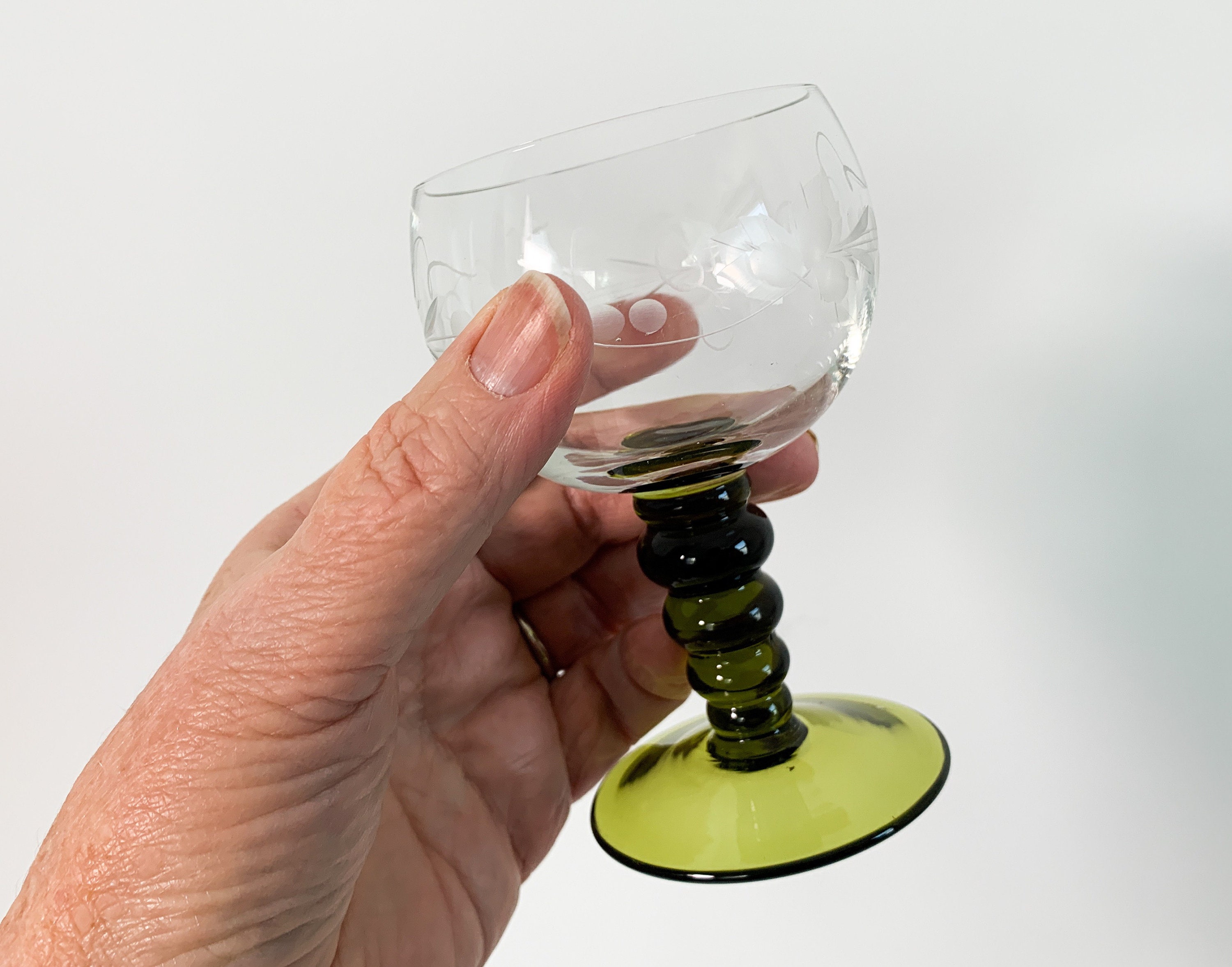 Pair Vintage Roemer Austrian Wine Glasses Set of 2 Green Stem Clear