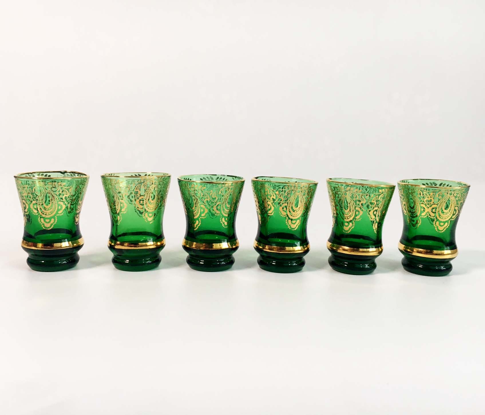 Vintage Set of 6 Shot Glasses Green Glass Gold Paint Gold Rim