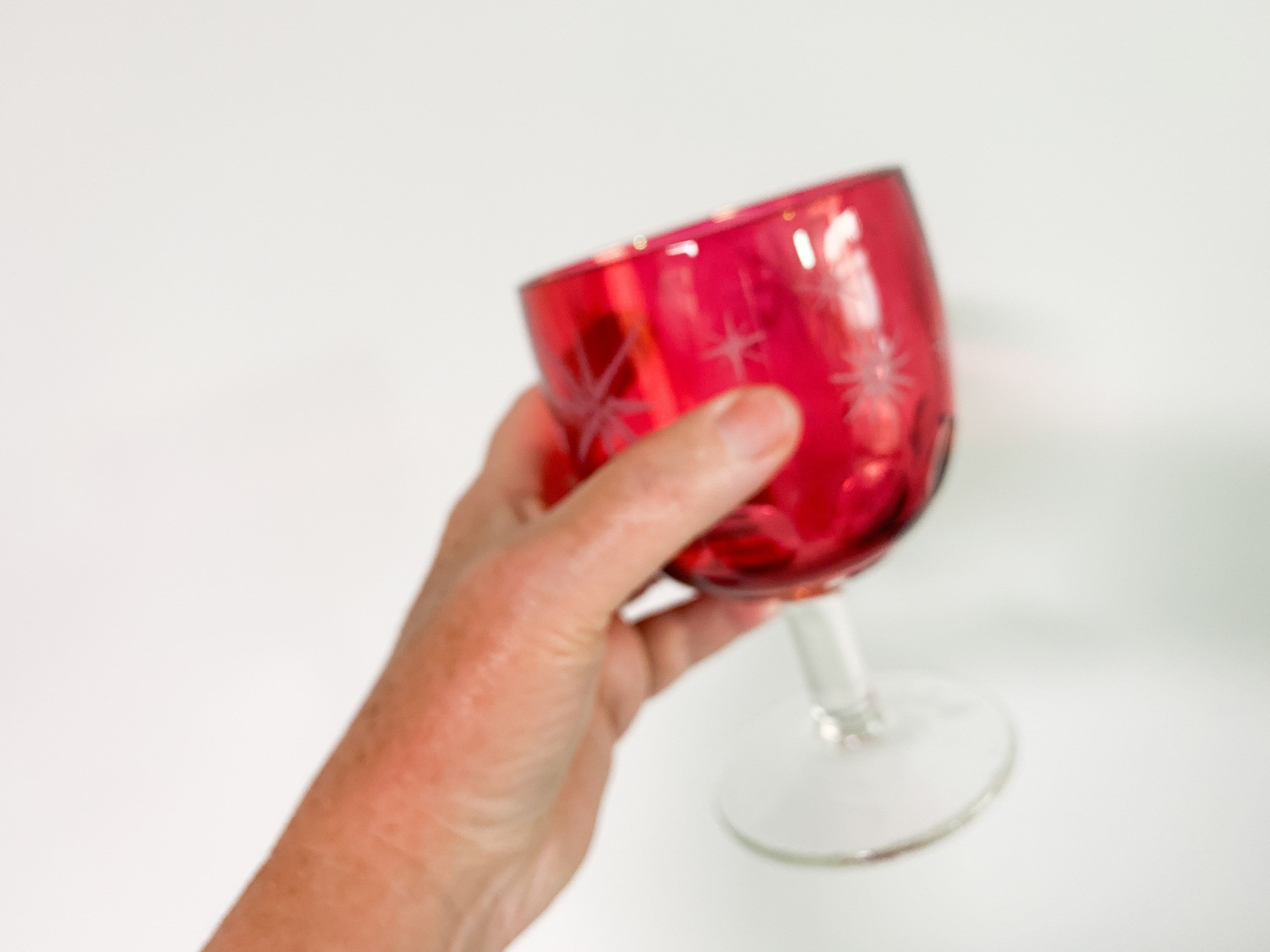 Pair Star Ruby Red w/ Clear Stem Large Goblets Glasses 2 Retro