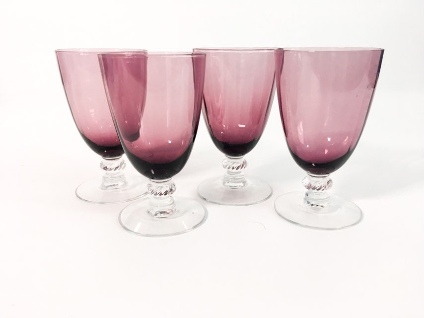 4 Vintage Purple Cordial Glasses Aurora Amethyst by Frye w/ Clear Stems