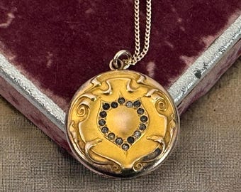 Vintage CQ&R Gold Filled Round Locket Necklace w/ Paste Gems Repousse on 14K GF Chain - Antique Pendant - 2 Photo Wells “Timeworn Treasure”