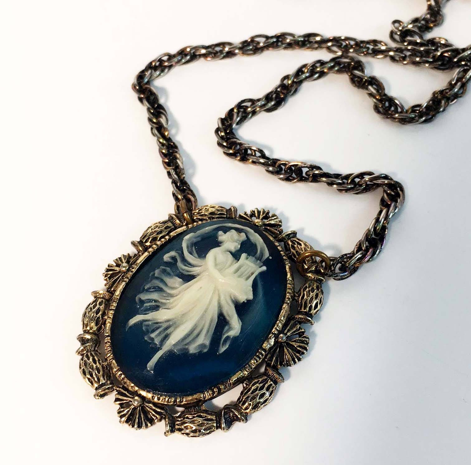 Vintage Costume Jewelry Cameo Necklace Cameo Metal Blue Boho Faux