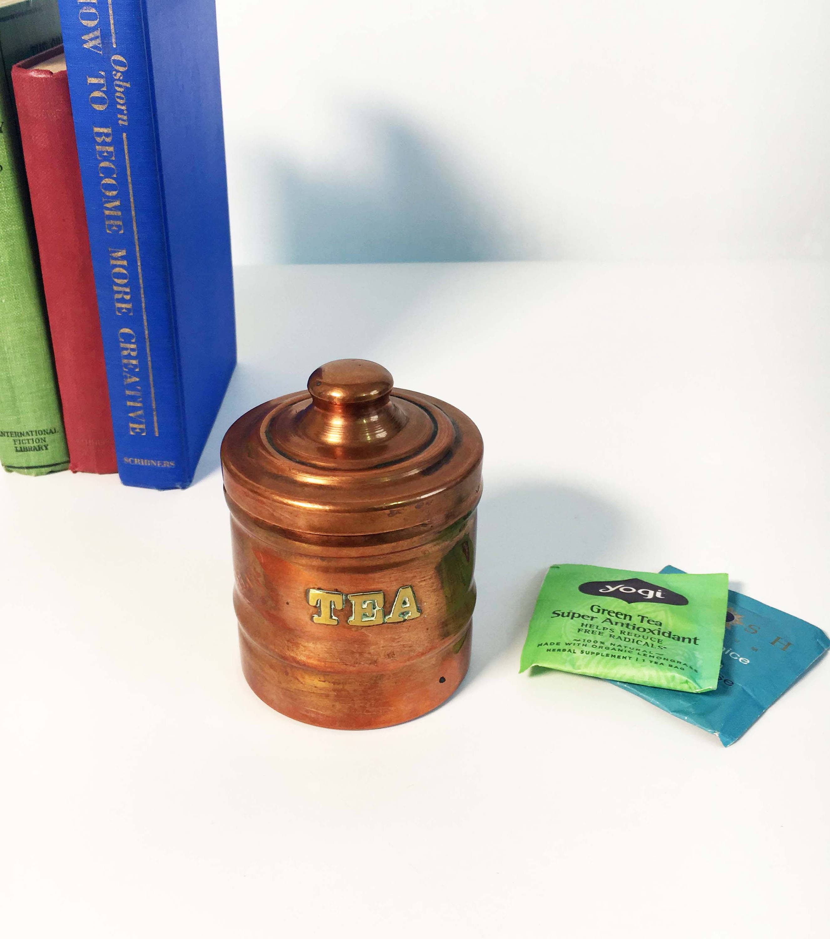 Vintage Copper and Brass Tea Canister Lettered Copper Container with