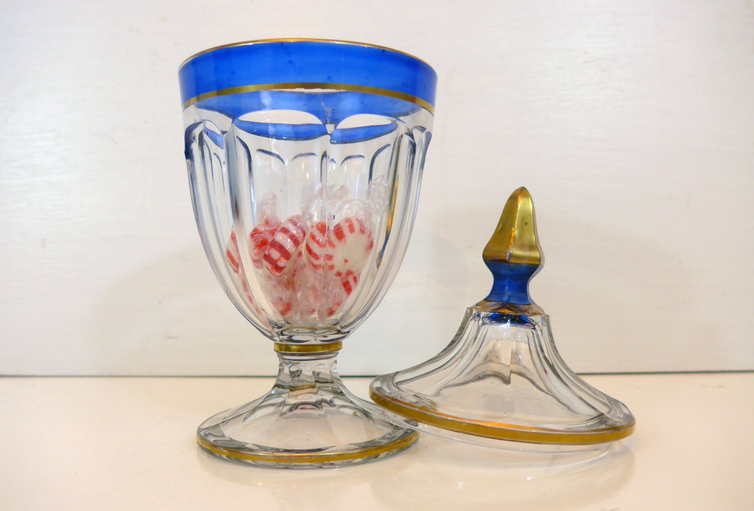 Heisey Candy Jar w/ Blue Gold Trim Candy Jar with Lid Heisey Gold