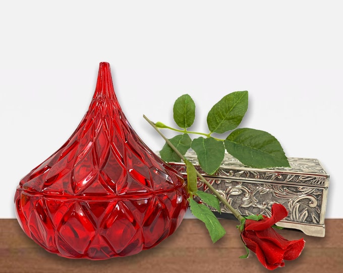 Vintage Red Glass Round Jar w/ Pointed Lid - Red Godinger Candy Kiss Shaped Small Candy Bowl or Dish Home Decor