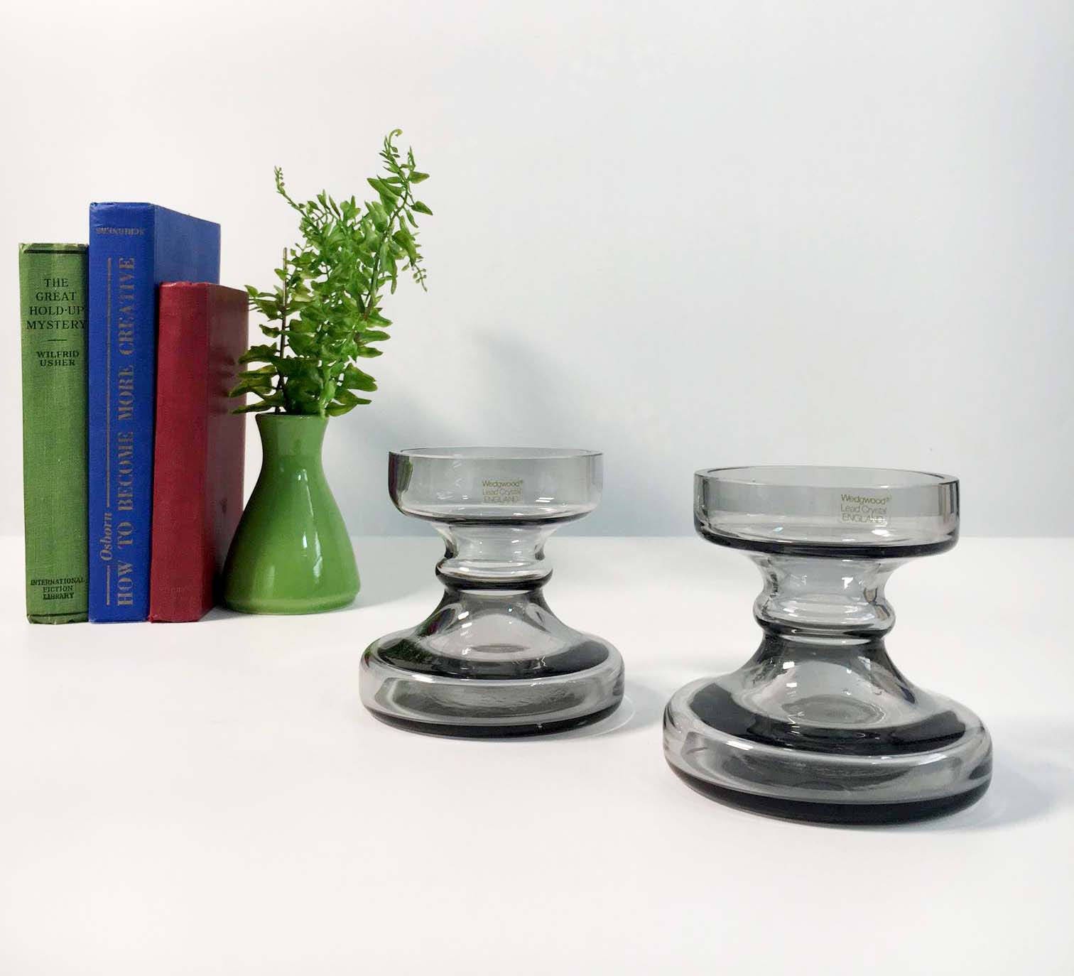 Vintage Pair of Wedgwood Glass Candleholders Midnight Grey Frank